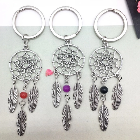 Vintage Bohemian Dreamcatcher Keychain For Women Metal Alloy Feather Pendant Keyring With Multicolor Artificial Pearl Beads Ethnic Style Accessory
