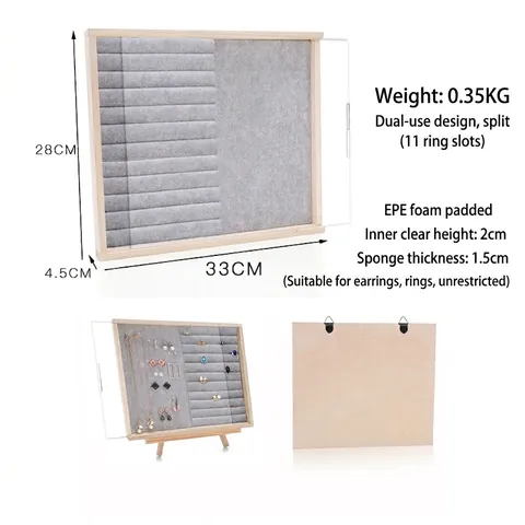 Solid Wood Jewelry Display Organizer Box With Acrylic Dustproof Cover Velvet Ring Necklace Holder Case Desktop Showcase