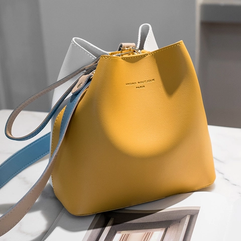 Borsa A Secchiello Da Donna In Pelle PU Color Block Con Tracolla Larga Pochette Interna Borsa A Tracolla