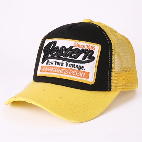 Vintage Trucker Hat American Retro Embroidery Patch Distressed Brim Mesh Back Adjustable Cotton Baseball Cap Streetwear