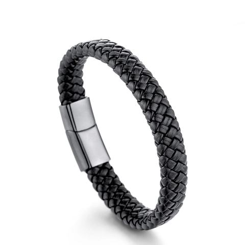 Pulsera de Cuero Artificial Trenzado de Moda para Hombre Acero Inoxidable Cierre Magnético Joyería de Mano Negro Oro Plata