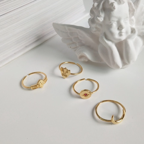 Adjustable Open Rings 925 Sterling Silver Gold Plated Retro Starlight Moon Shield Letter Baby Jewelry Women