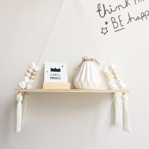 Nordisches Schwebendes Wandregal Holzperlen Baumwollquaste Hängendes Aufbewahrungsregal Für Kinderzimmer Macaron-Stil