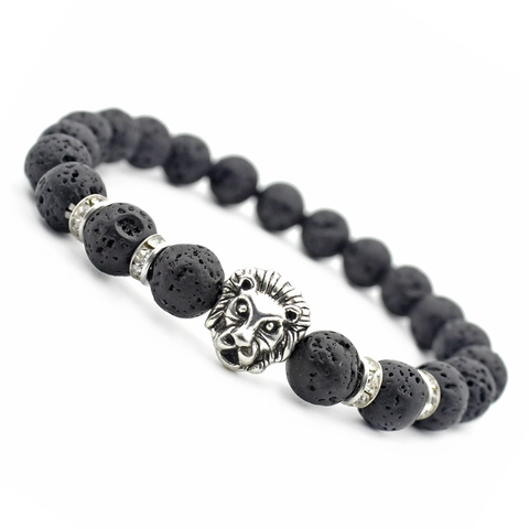 Men Beaded Bracelet With Lava Stone Alloy Lion Head And Rhinestone Spacers Hip Hop Punk Style Jewelry
