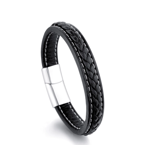 Bracciale Da Uomo In Pelle Di Vacchetta Intrecciata Con Chiusura Magnetica In Acciaio Inossidabile Gioielli Moda