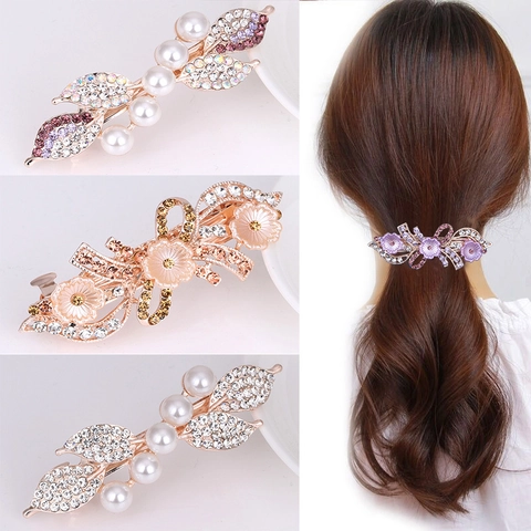 Alloy Flower Bowknot Hair Clip With Artificial Pearls And Rhinestones Elegant Spring Clip Ponytail Holder Accessories For Women
