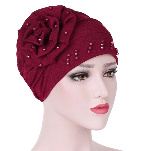 Cappello Turbante Da Donna Con Grande Fiore In Tessuto E Künstliche Perle Berretto Avvolgente Morbida Calotta Musulmana