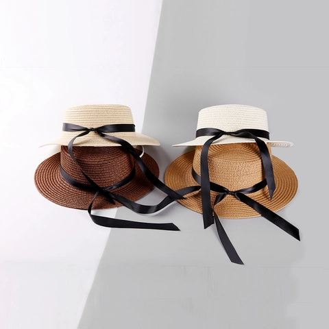 Cappello di Paglia Boater Vintage con Fiocco di Nastro per Donne e Bambini Protezione Solare Spiaggia Cima Piatta Estate
