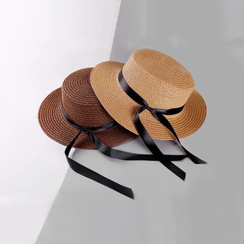 Cappello di Paglia Boater Vintage con Fiocco di Nastro per Donne e Bambini Protezione Solare Spiaggia Cima Piatta Estate