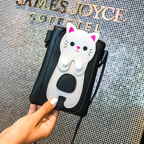 Schattige Kat PU Leer Crossbody Tas Dames Verticale Telefoontasje Multi Zak Mini Schoudertas Cartoon Dier Ontwerp
