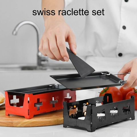 Swiss Raclette Cheese Melter Mini Grill Pan Candle Heated Nonstick Carbon Steel Portable Kitchen Cooking Tool With Scraper Wood Handle