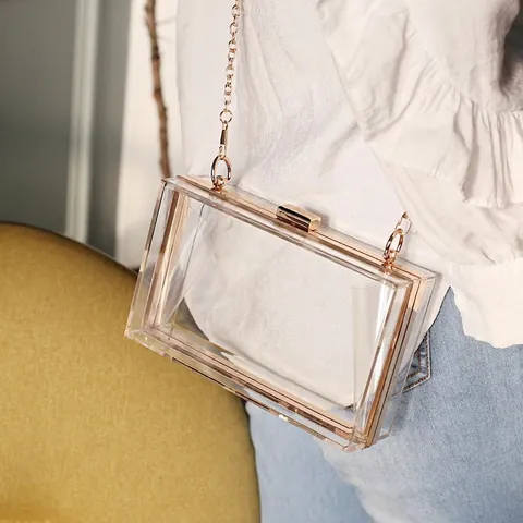 Women Acrylic Box Clutch Evening Bag Transparent Square Hard Shell Handbag Gold Metal Frame Chain Strap Fashion