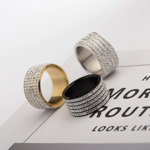 Fashion Stainless Steel Band Ring For Women Men 5 Row Inlaid Rhinestone Wide Finger Ring Minimalist Jewelry Gift
