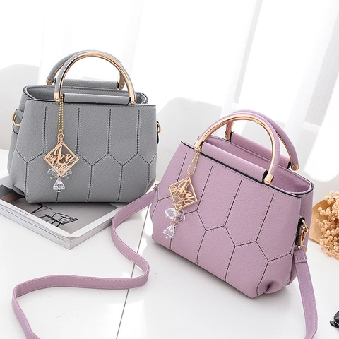 Women Handbag Litchi Grain PU Leather Hexagonal Quilted Gold Metal Handle Shoulder Crossbody Bag Elegant