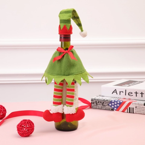 Christmas Elf Wine Bottle Cover Felt Knitted Polka Dot Striped Hat And Dress Table Decoration For Holiday Party Decor