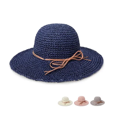 Women Wide Brim Straw Sun Hat Foldable Summer Beach Paper Straw Hat With Adjustable Bow Ribbon