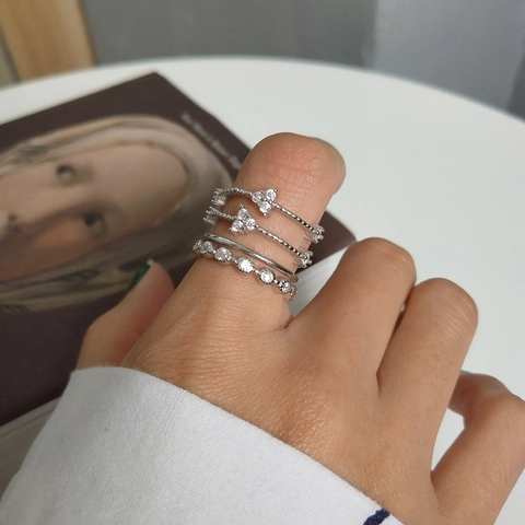 925 Sterling Silver Layered Ring With Cubic Zirconia Micro Pave Star Heart Adjustable Open Ring For Women Jewelry