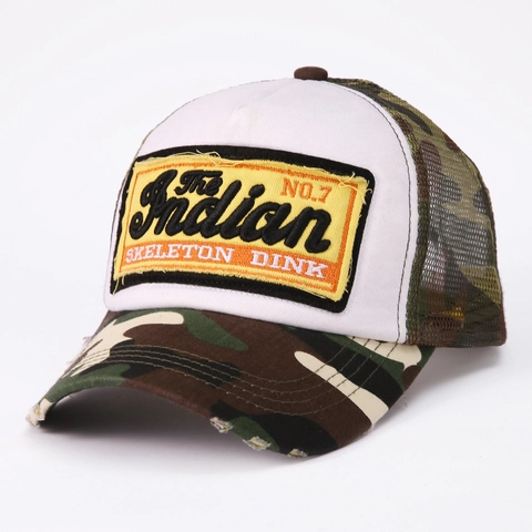 Cappellino Trucker Vintage Rete Cappello Da Baseball Traspirante Camouflage Bordo Consumato Patch Ricamata Visiera Esterna