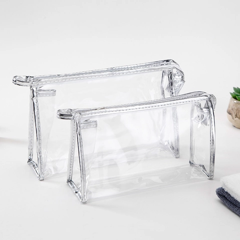 Transparent PVC Makeup Bag Waterproof Travel Toiletry Cosmetic Storage Pouch Metallic Trim Zippered Portable Case