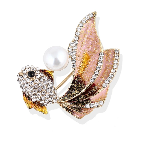 Spilla Pesce Rosso In Lega Smalto Perla Artificial Imitazione Strass Scintillante Gioielli Animali Accessorio Per Abito Da Donna