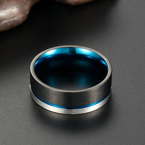 Mens Stainless Steel Ring Black Brushed Outer Blue Polished Inner Bicolor Industrial Style Fashion Jewelry