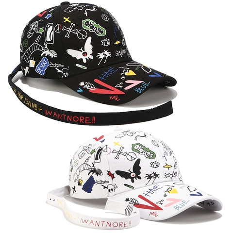 Graffiti Print Cotton Baseball Cap Hip Hop Streetwear Adjustable Long Strap Unisex Fashion Outdoor Sun Protection Hat