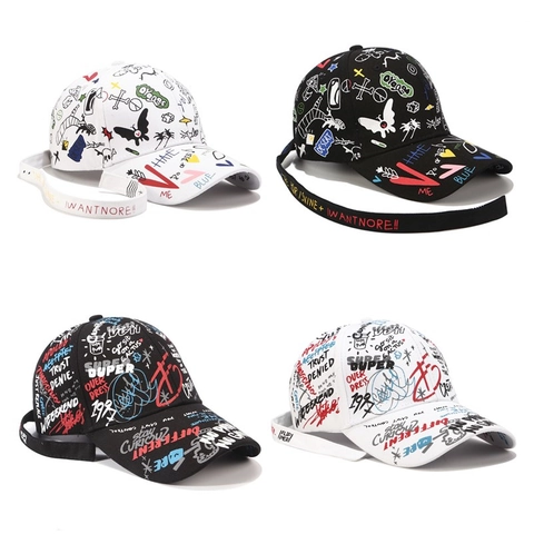 Graffiti Print Cotton Baseball Cap Hip Hop Streetwear Adjustable Long Strap Unisex Fashion Outdoor Sun Protection Hat