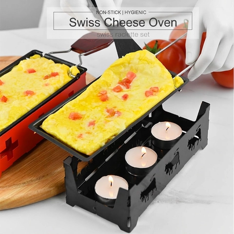 Swiss Raclette Cheese Melter Mini Grill Pan Candle Heated Nonstick Carbon Steel Portable Kitchen Cooking Tool With Scraper Wood Handle