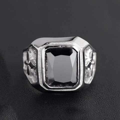 Men Vintage Stainless Steel Ring With Rectangular Black Zirconia Cross Pattern Embossed Rock Texture Punk Gothic Band Ring