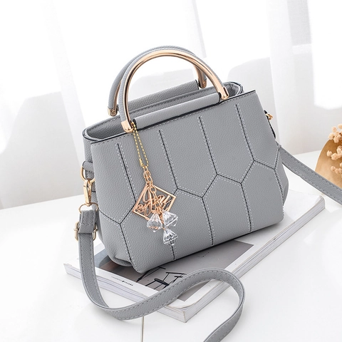 Women Handbag Litchi Grain PU Leather Hexagonal Quilted Gold Metal Handle Shoulder Crossbody Bag Elegant