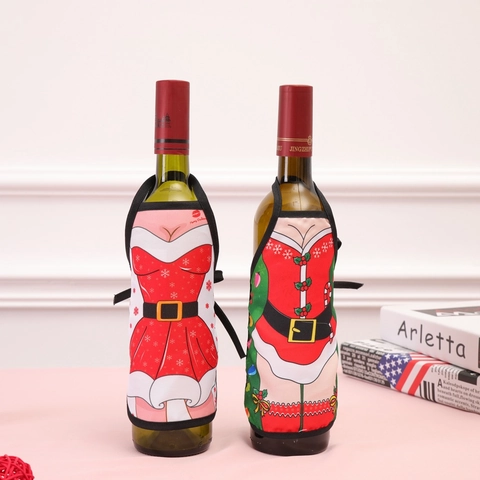 Housse De Bouteille De Vin De Noël Mini Tablier Réutilisable Polyester Décoration De Table De Fête Imprimé Père Noël Elfe Renne Nouveauté