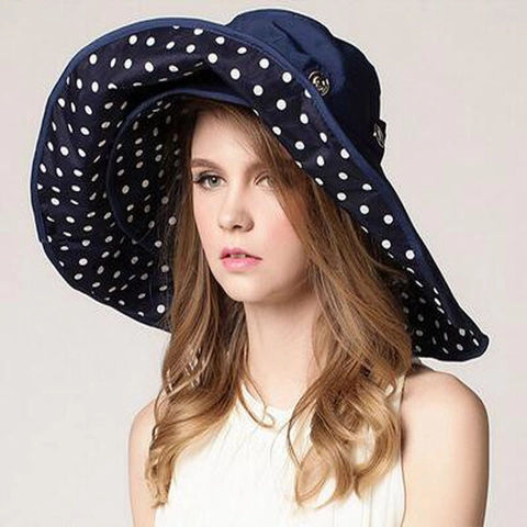 Women Wide Brim Sun Hat Cotton Polyester UV Protection Foldable Beach Outdoor Floral Polka Dot Print Windproof Rope