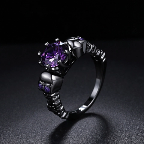 Gothic Skull Ring Women Copper With 18K Black Gold Plated Round Purple Red Cubic Zirconia Punk Vintage Jewelry Gift