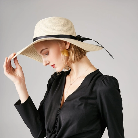 Damen Strohhut Mit Breiter Krempe Papier Geflochten Sonnenschutz Strand Urlaub Schleife Elegant Sommer Accessoire