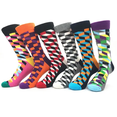 Bunte Baumwolle Crew Socken 3D Geometrisches Würfelmuster Modische Kontrastfarbe Wadenhohe Socken Für Herren Damen Unisex