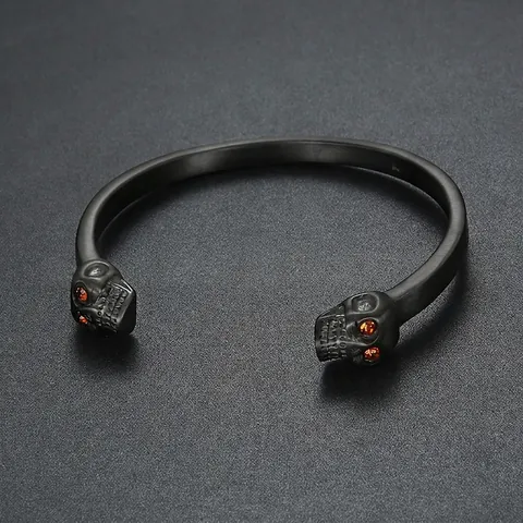 Bracciale Rigido Aperto Doppia Testa Di Morto Acciaio Inossidabile 316 Gioielli Punk Biker Uomo Con Occhi Strass