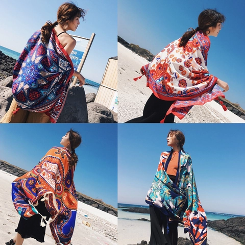 Women Bohemian Ethnic Print Large Shawl Scarf Sun Protection Beach Wrap With Tassel Lightweight Satin Look Polyester Scarf