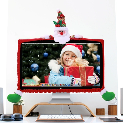 Christmas Monitor Decoration Cover Fabric Santa Snowman Reindeer Cartoon Computer Frame Protector Festive Office Home Decor