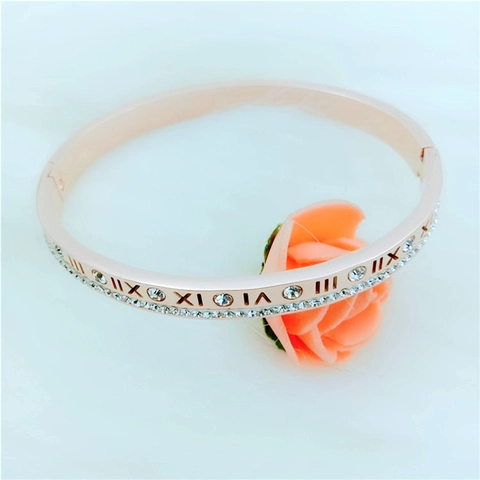 Bracciale Rigido Da Donna In Acciaio Al Titanio Placcato Oro Rosa Numeri Romani Incisi Zircone Gioielli Di Moda