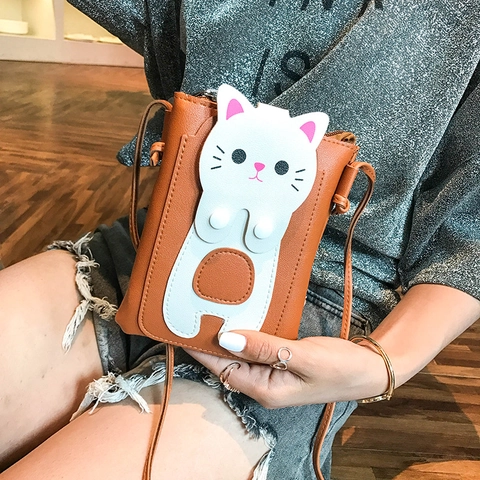 Schattige Kat PU Leer Crossbody Tas Dames Verticale Telefoontasje Multi Zak Mini Schoudertas Cartoon Dier Ontwerp