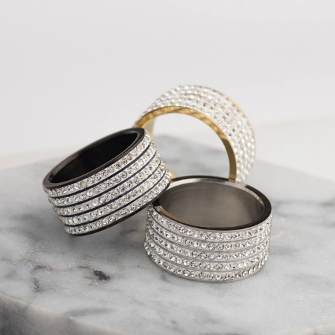Fashion Stainless Steel Band Ring For Women Men 5 Row Inlaid Rhinestone Wide Finger Ring Minimalist Jewelry Gift
