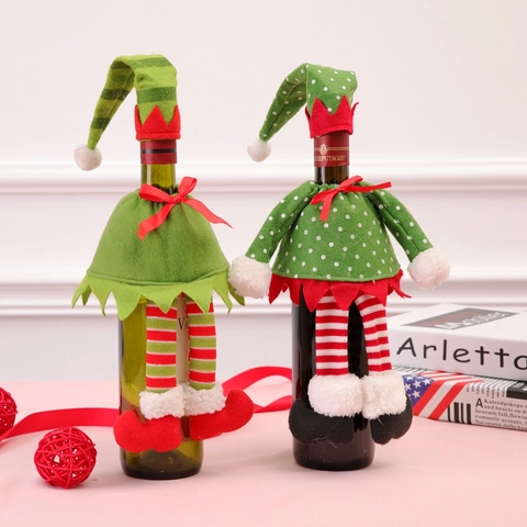 Christmas Elf Wine Bottle Cover Felt Knitted Polka Dot Striped Hat And Dress Table Decoration For Holiday Party Decor