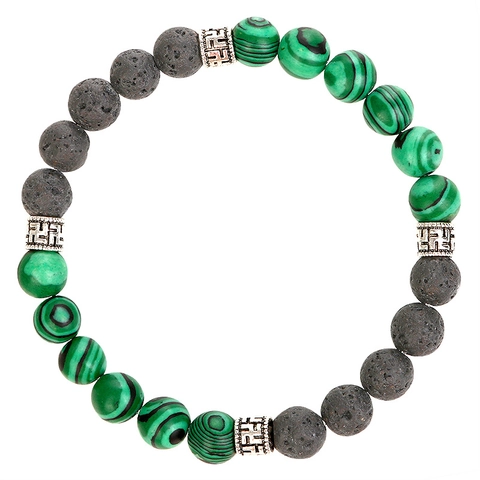 Natural Malachite And Black Lava Rock Beaded Bracelet With Geometric Alloy Spacers Handmade Stretch Ethnic Style Unisex