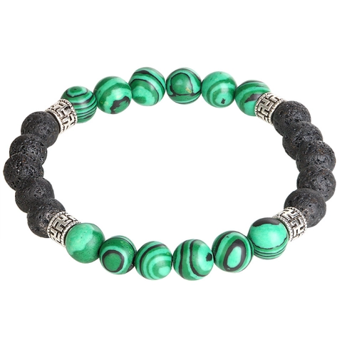 Natural Malachite And Black Lava Rock Beaded Bracelet With Geometric Alloy Spacers Handmade Stretch Ethnic Style Unisex
