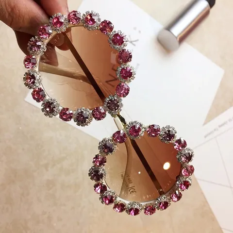 Occhiali Da Sole Rotondi Oversized Donna Cristalli Strass Montatura Metallo UV400 Lenti Sfumate Retro Glamour