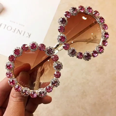 Occhiali Da Sole Rotondi Oversized Donna Cristalli Strass Montatura Metallo UV400 Lenti Sfumate Retro Glamour