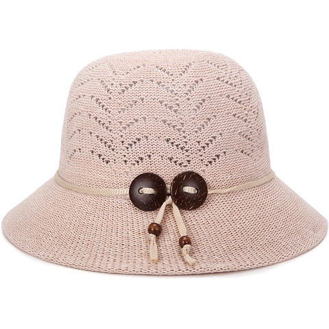 Cappello Da Sole Estivo Donna Maglia Misto Cotone Traforato Traspirante Motivo Onde Cappello A Secchiello Bottoni Legno Viaggio
