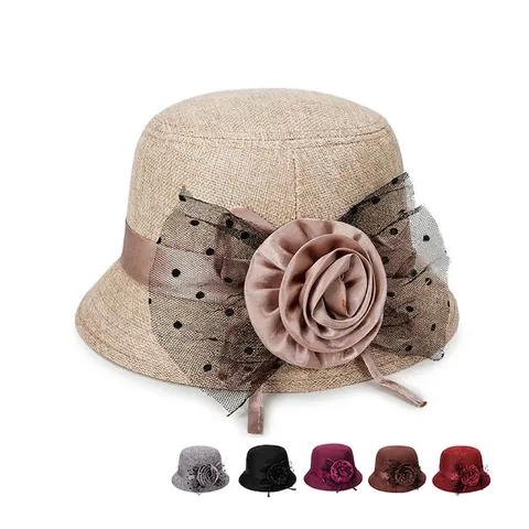 Cappello Cloche Donna In Lino Elegante Grande Fiore Velo In Rete A Pois Vintage Cappello Da Sole Stile Britannico