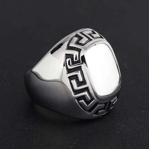 Men Signet Ring Stainless Steel Greek Key Meander Pattern Polished Square Surface Punk Retro Fashion Jewelry