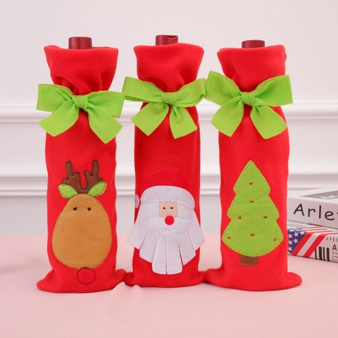 Christmas Wine Bottle Cover Felt Reindeer Santa Tree Decor Wine Bag With Green Bowknot Holiday Party Gift Bag